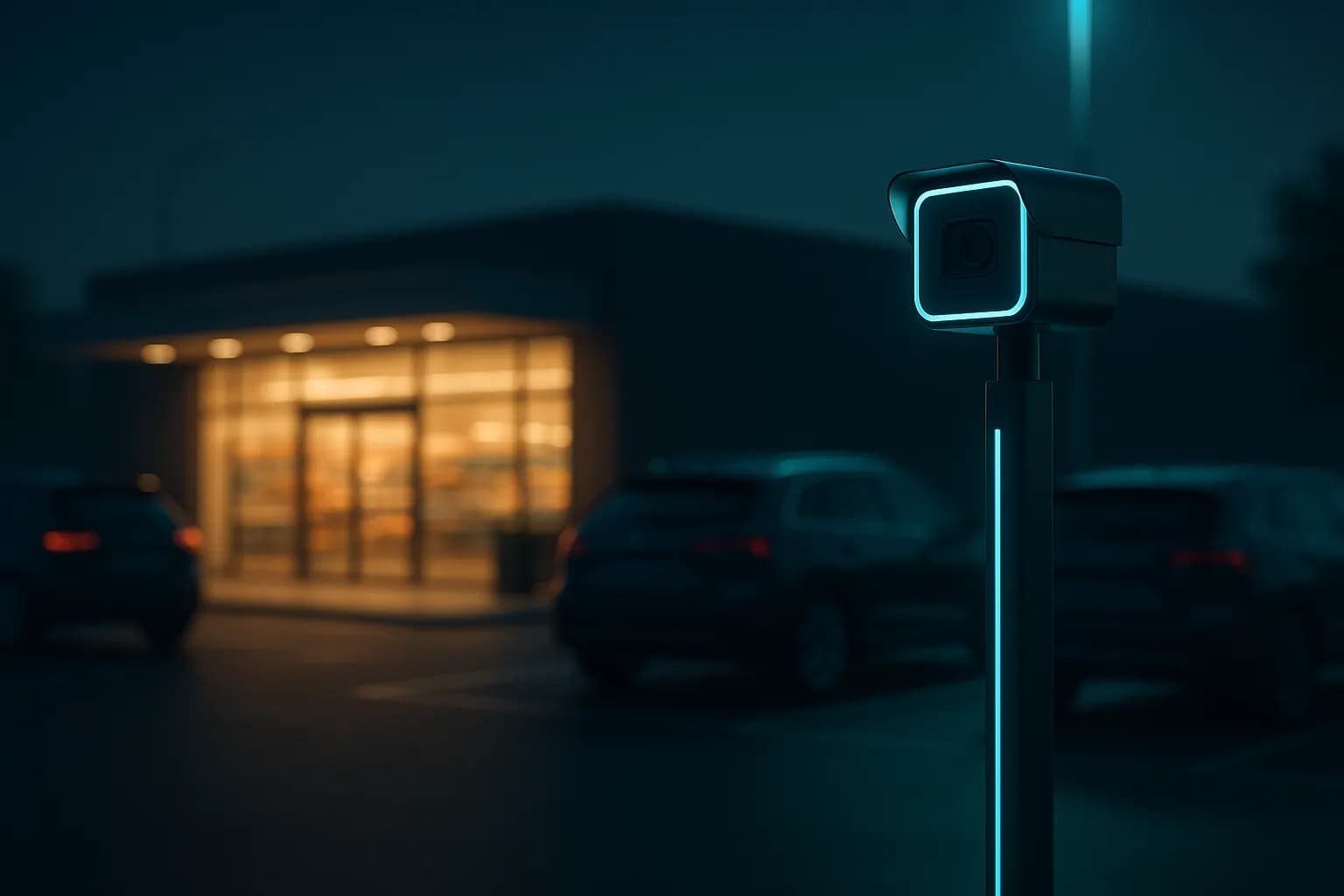 Kameramast vor beleuchtetem Markteingang mit Kundenparkplatz bei Nacht (illustrative Szene)